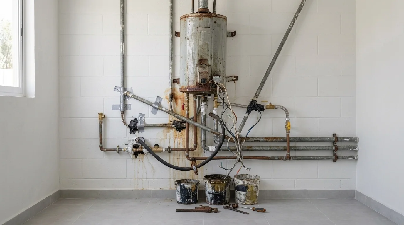 Boiler antiguo con tuberías torcidas, cables sueltos y conexiones improvisadas