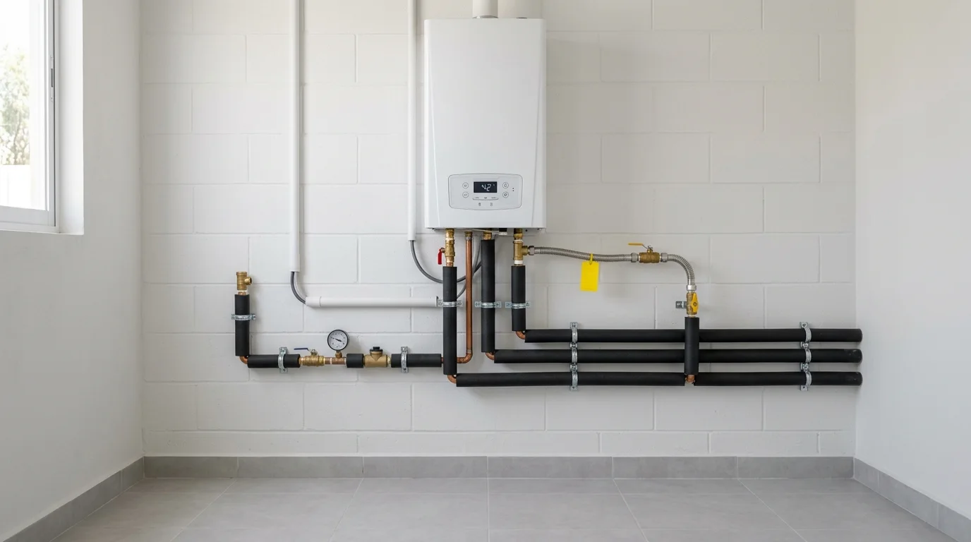 Boiler nuevo con tubería de cobre aislada, válvulas y conexión de gas ordenadas