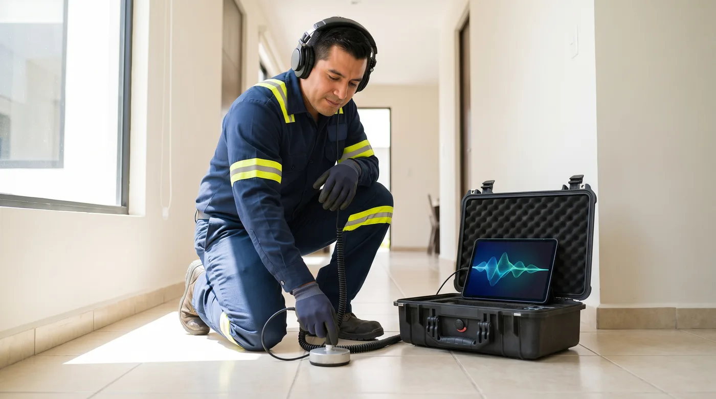 Plomero con audífonos escuchando una fuga con un geófono en el piso