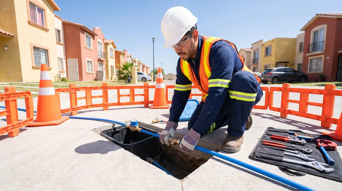 Plomero uniformado con casco y chaleco conectando una toma de agua con tubería azul junto a una caja de medidor