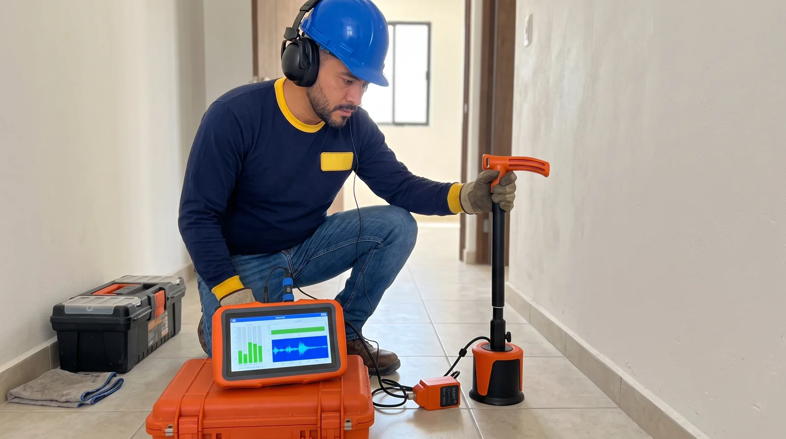 Plomero arrodillado en un pasillo con audífonos, la sonda de detección apoyada en el piso y el monitor con la gráfica de la fuga