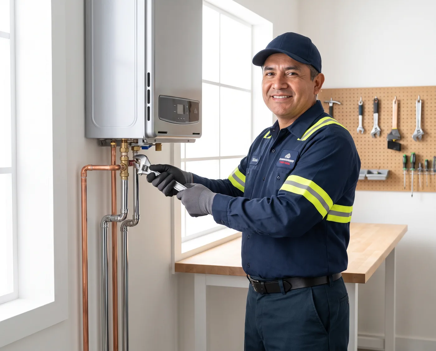 Plomero uniformado conectando un boiler de gas con tubería de cobre