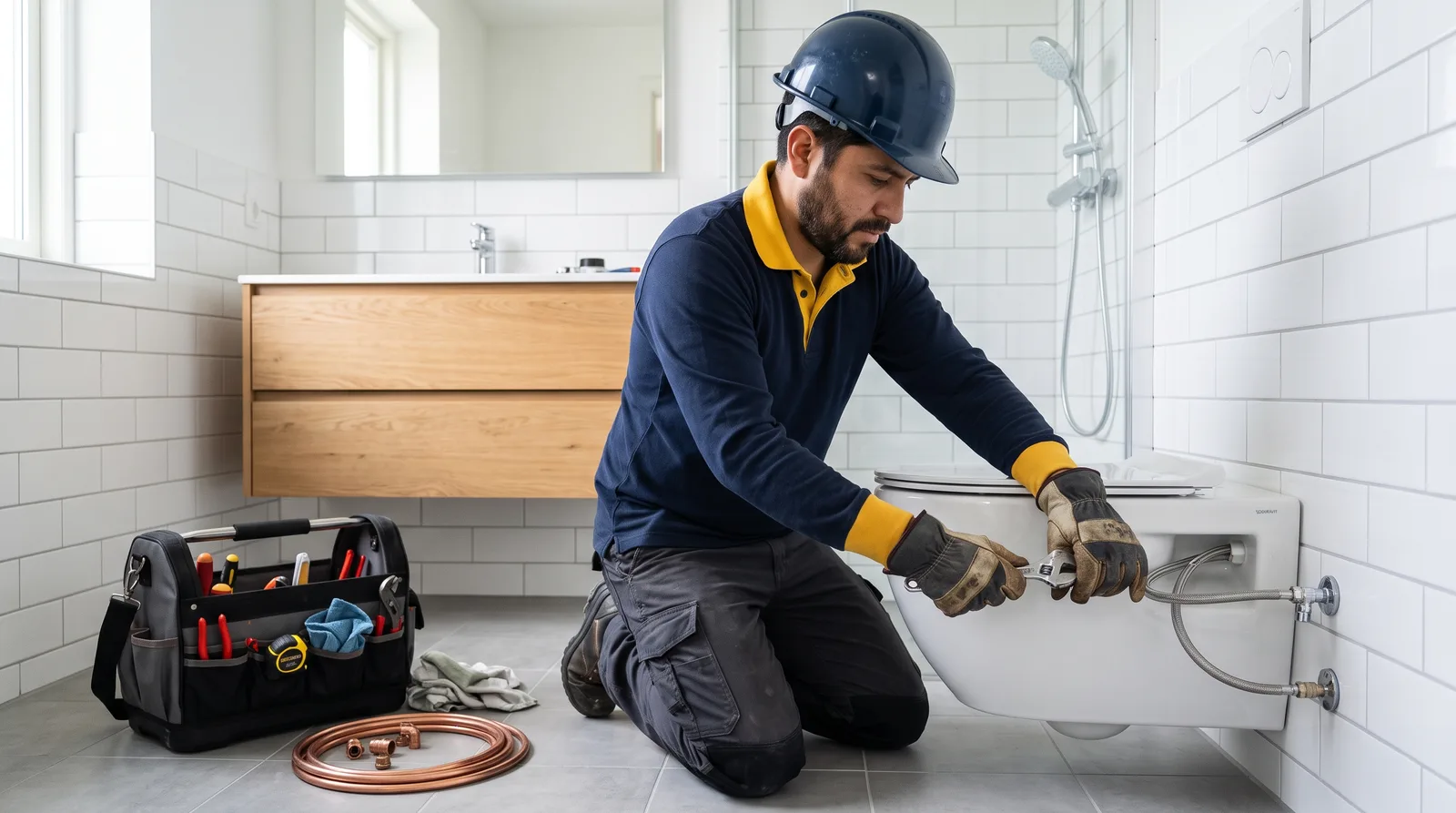 Plomero uniformado conectando la línea de agua de un sanitario suspendido en un baño nuevo