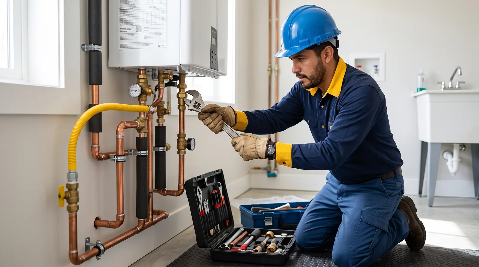 Plomero uniformado apretando una conexión de cobre en un boiler de gas recién instalado