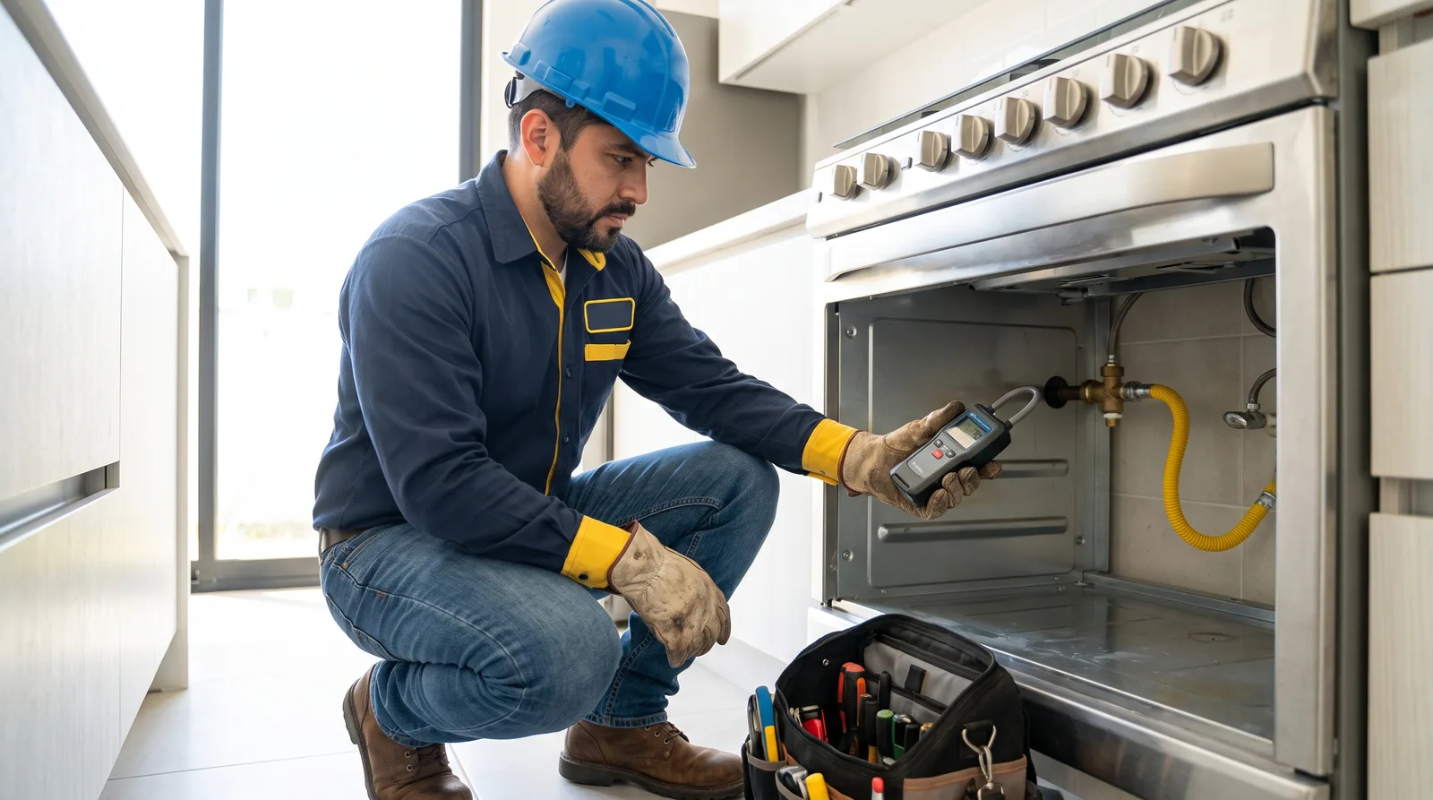 Plomero con casco revisando con un detector electrónico la conexión de gas detrás de una estufa